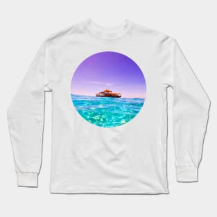 Holographic Shades Of Blue Ocean Summer Beach Waves With Vintage Yacht Under The Clear Sky Long Sleeve T-Shirt